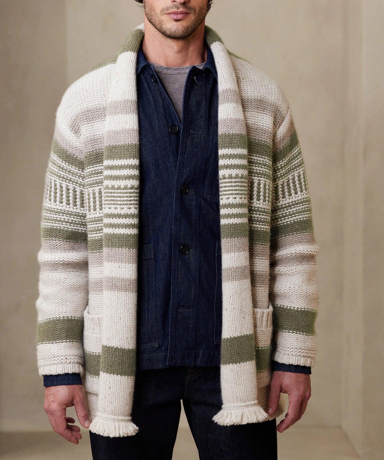 Men's Sweater Cardigan Striped Stitching Tassel Knitted Coat - Nioor