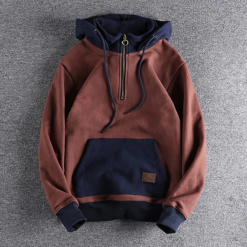 Trendy Autumn And Winter Fleece-lined Thickened Hooded Sweatshirt Men's Retro Trendy Contrast Color New Youth Stand Collar - Nioor