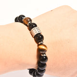 Stainless Steel Tiger Eye Obsidian Bright Black Beads Men's Bracelet