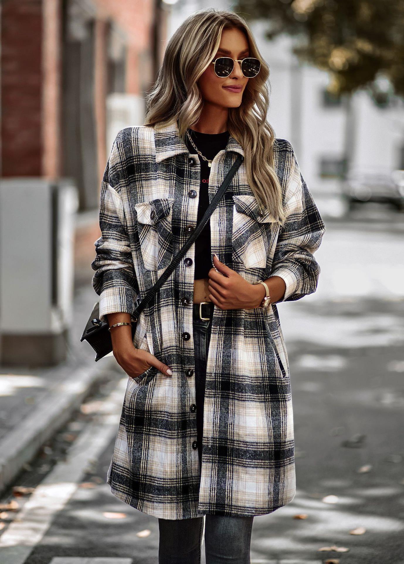 Temperament Leisure Long Plaid Tup Cardigan Coat - Nioor