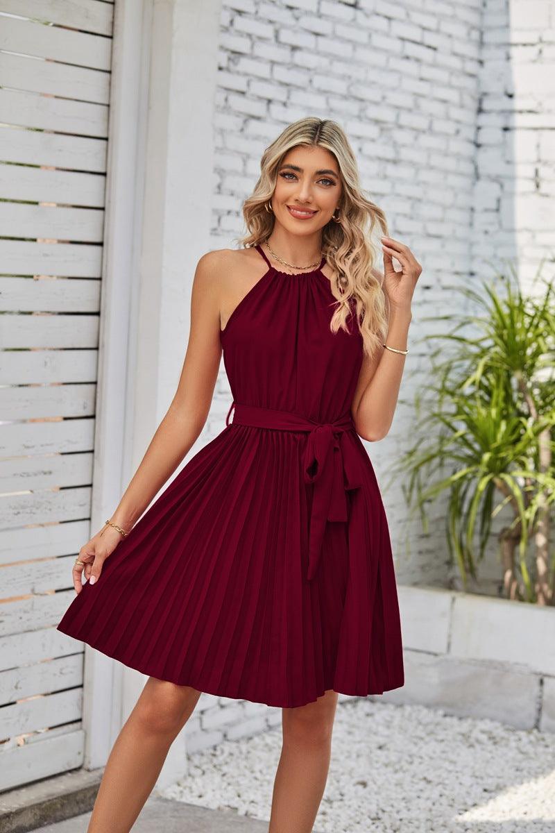 Women's Fashion Elegant Halter Lace-up Sleeveless Pleated Mini Dress - Nioor