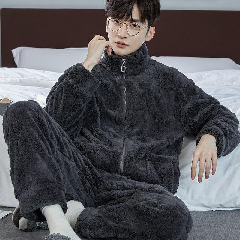 Pajamas Men's Jacquard Flannel Loose Fleece-lined Warm Loungewear - Nioor