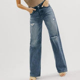 European And American Ins Retro Hong Kong Style High Waist Jeans Wide Leg Ripped - Nioor