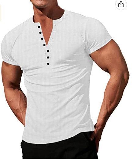 Men's Solid Color Buttons V-neck Slim T-shirt - Nioor