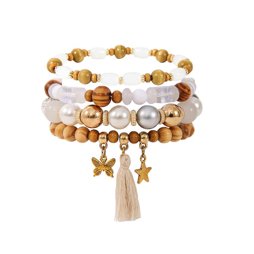 Ethnic Wooden Bead Tassel Bracelet Suit