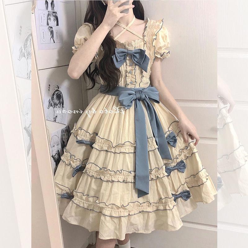 French Lolita Princess Dress Western Style Puff Sleeve Stitching Lace - Nioor