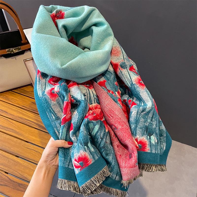 Oil Painting Flowers Artificial Cashmere Scarf Female - Nioor