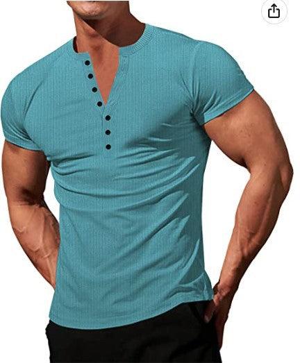 Men's Solid Color Buttons V-neck Slim T-shirt - Nioor