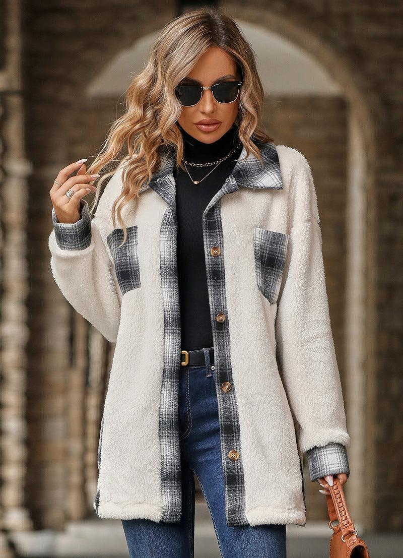 Women's Fashion Single-breasted Lapel Mid-length Plaid Plush Coat - Nioor