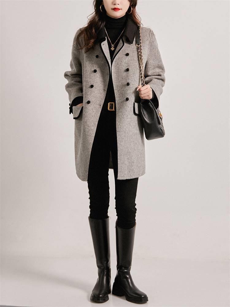 Casual Contrast Color Peter Pan Collar Reversible Woolen Coat - Nioor