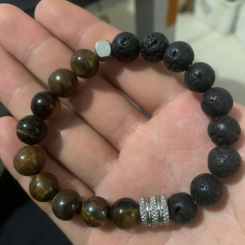 Stainless Steel Tiger Eye Obsidian Bright Black Beads Men's Bracelet