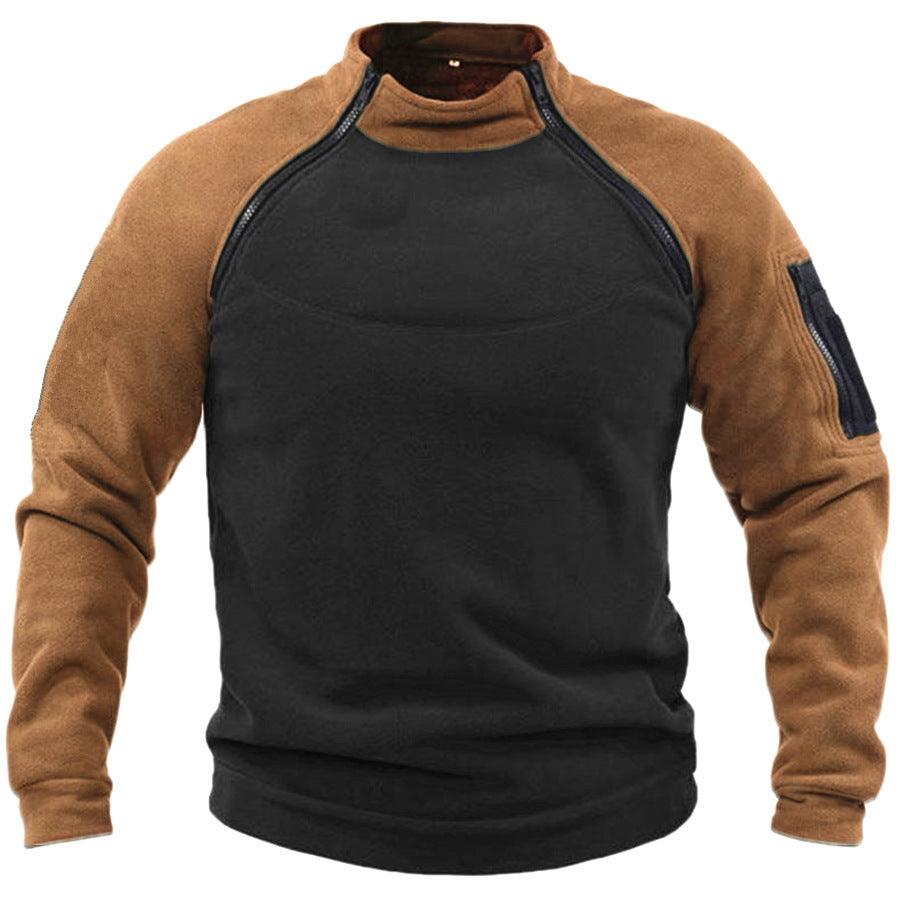 Stand Collar Loose Double Sleeve Color Matching Outdoor Keep Warm Breathable Men's Sweater - Nioor