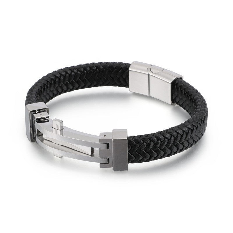 Men's Fashion Personality Stainless Steel Geometric Leather Bracelet