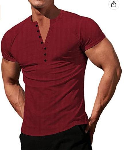 Men's Solid Color Buttons V-neck Slim T-shirt - Nioor