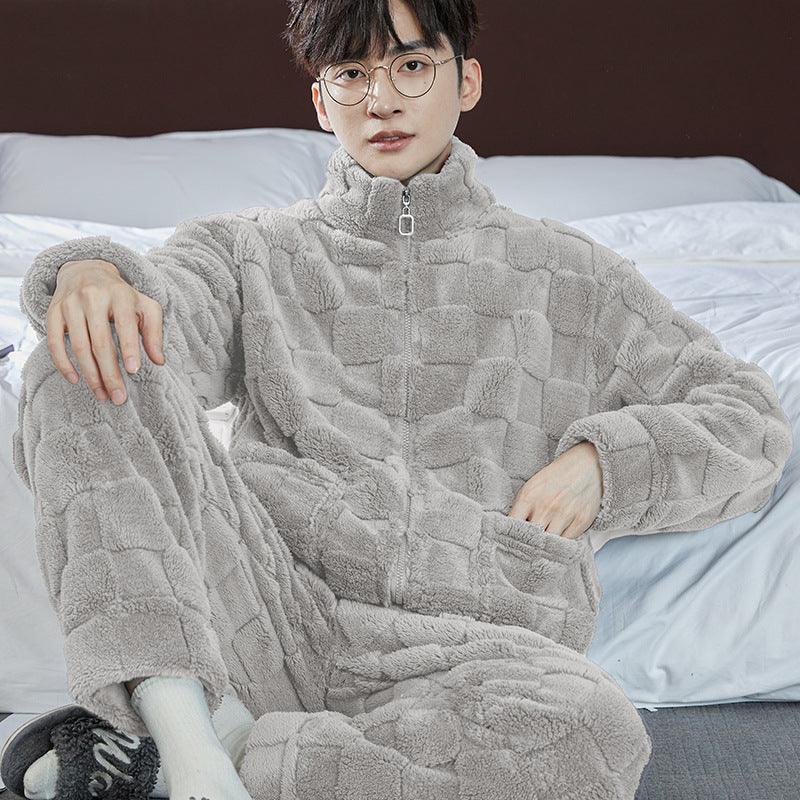 Pajamas Men's Jacquard Flannel Loose Fleece-lined Warm Loungewear - Nioor