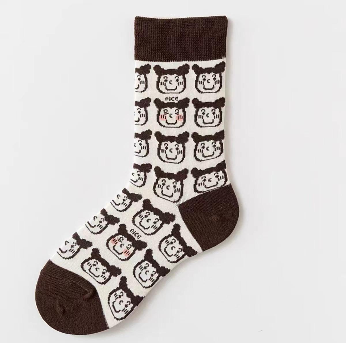 Women's Black And White Cartoon Mid-calf Length Loose Socks - Nioor