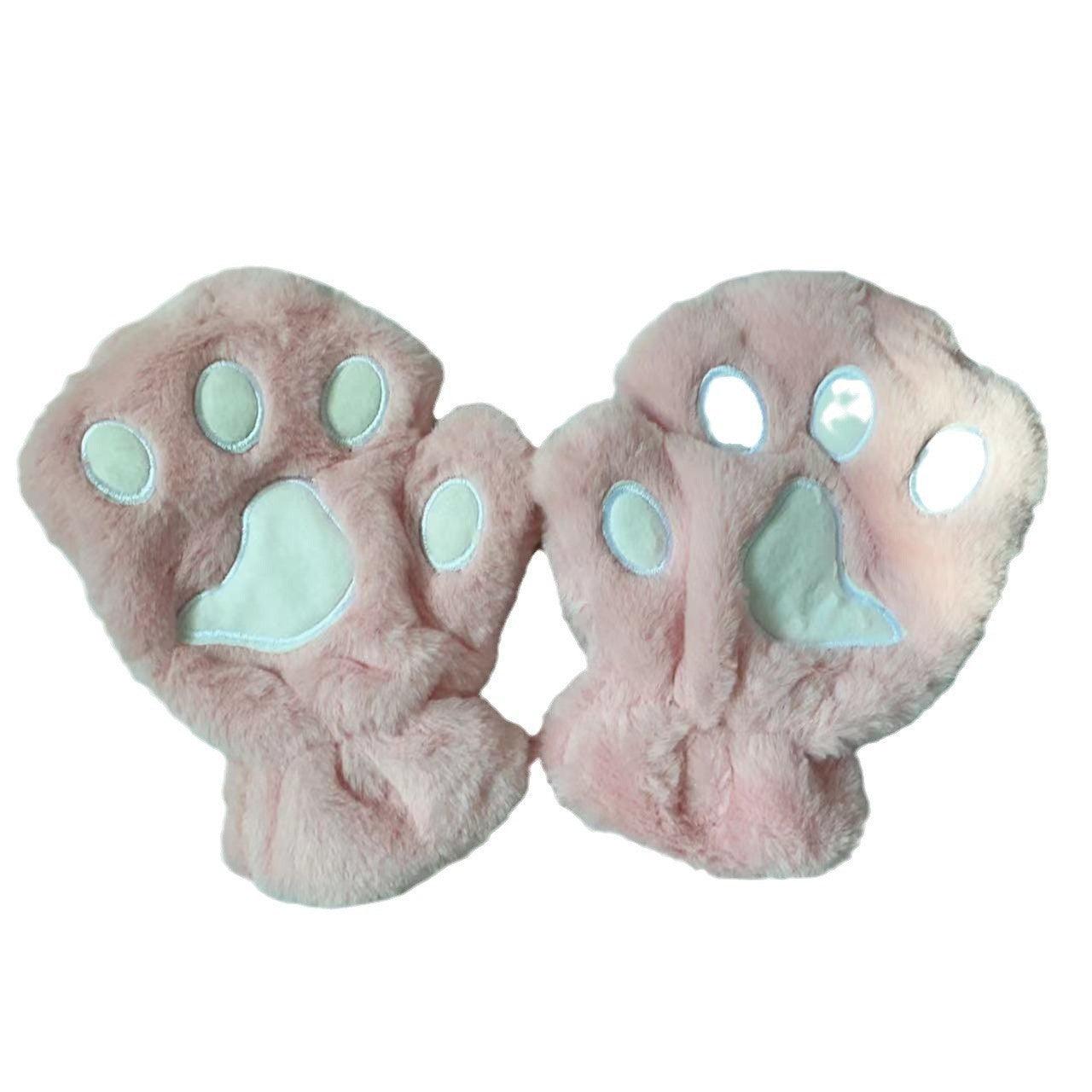 Cute Cat Claw Plush Gloves Female Winter Fleece-lined Warm Half Finger - Nioor