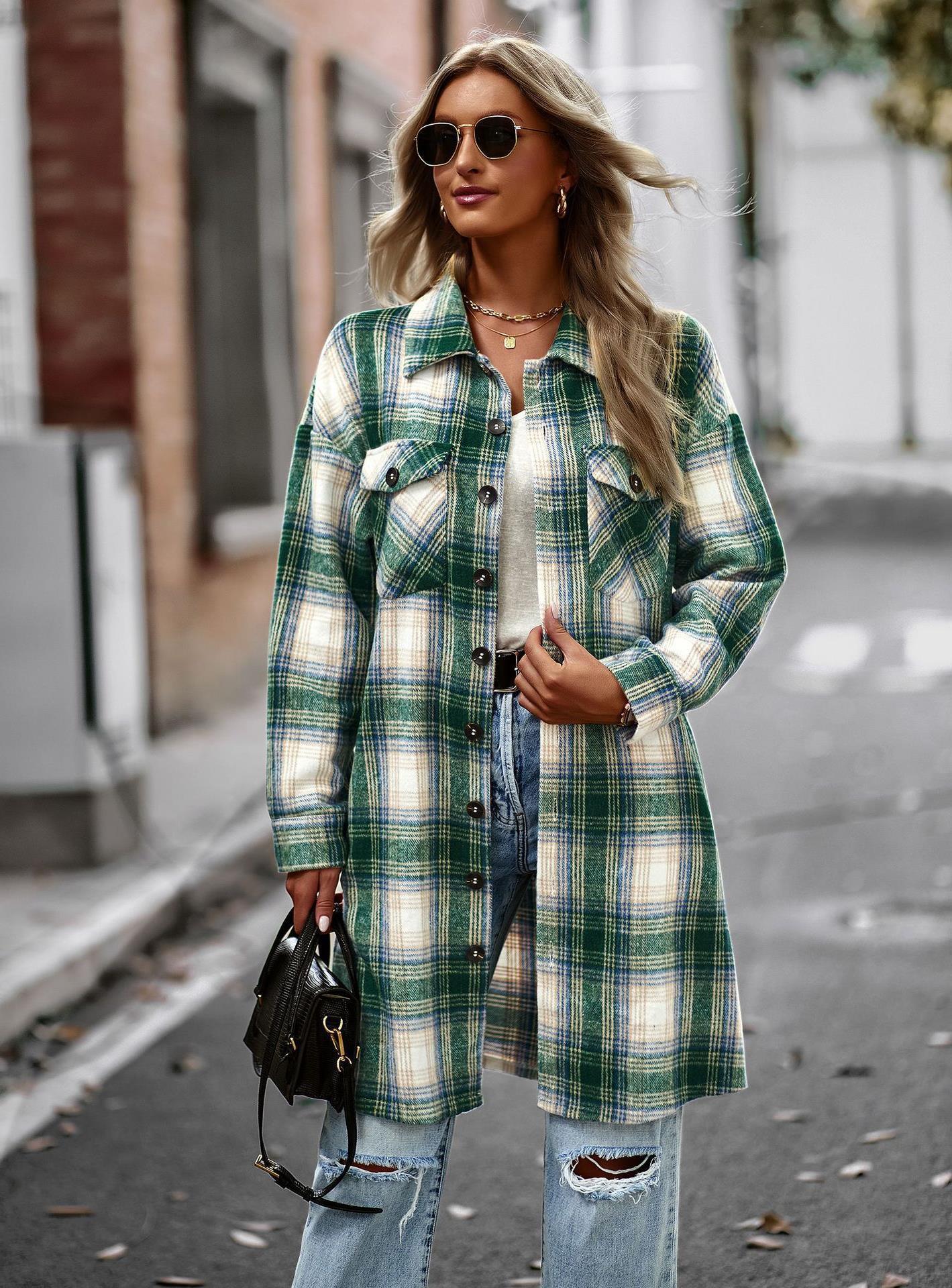 Temperament Leisure Long Plaid Tup Cardigan Coat - Nioor