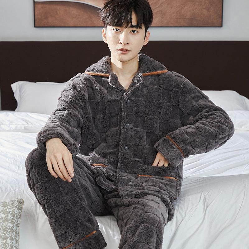 Pajamas Men's Jacquard Flannel Loose Fleece-lined Warm Loungewear - Nioor