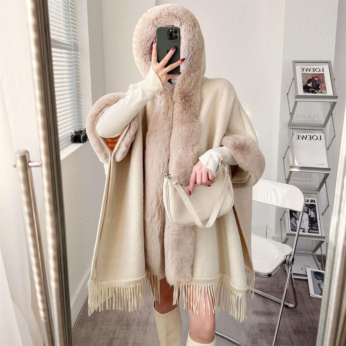 Vintage Knitted Tassel Fleece-lined Thickened Shawl Cape Coat - Nioor