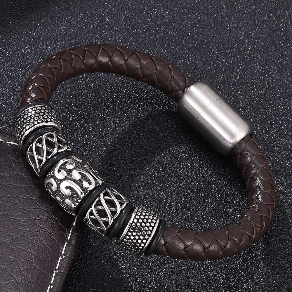 Genuine Leather Woven Stainless Steel Bracelet