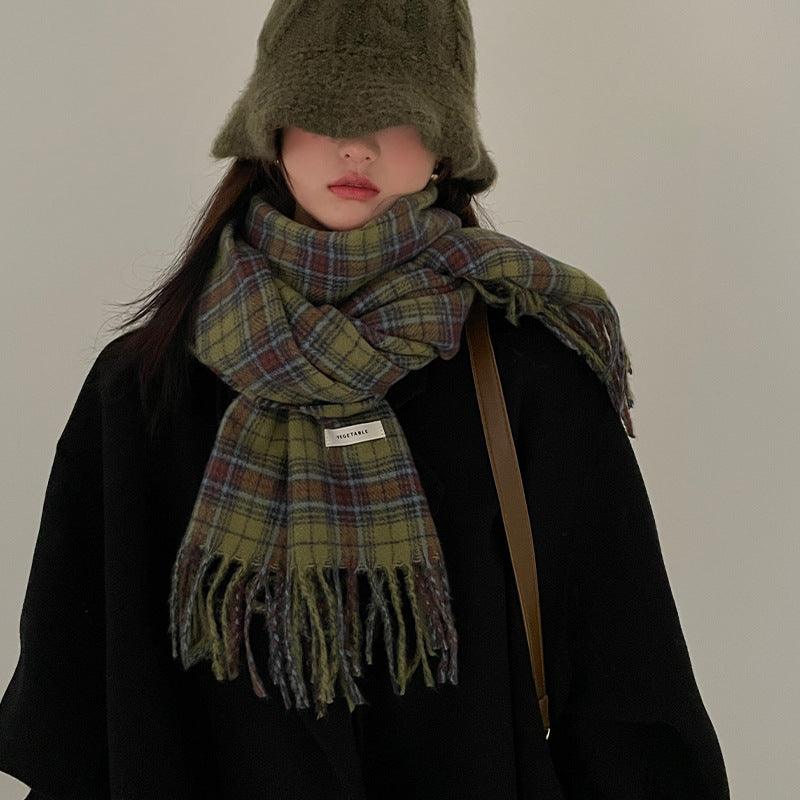 Women's Vintage Green Plaid Scarf - Nioor