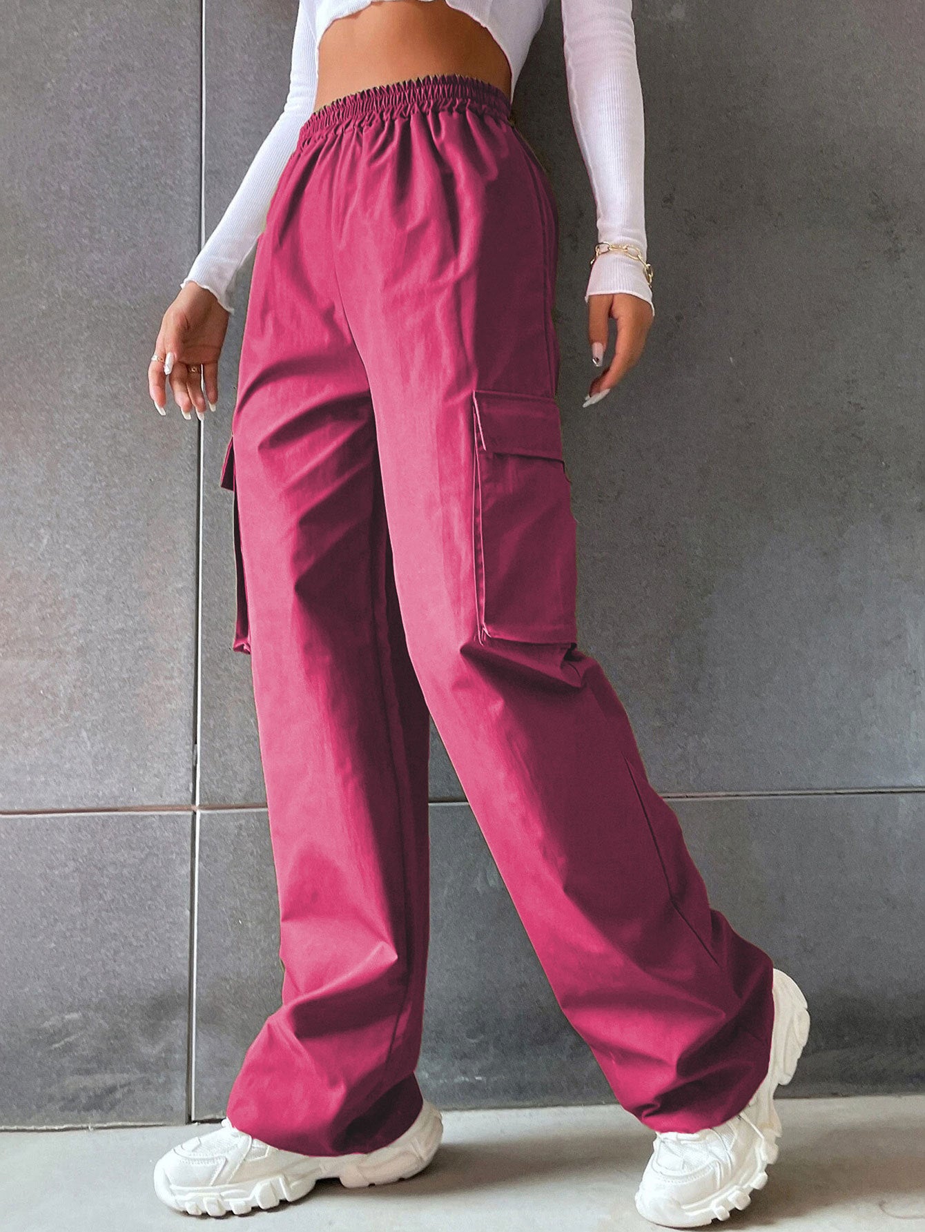 Women's Fashion Solid Color High Waist Flip Workwear With Pocket Pants