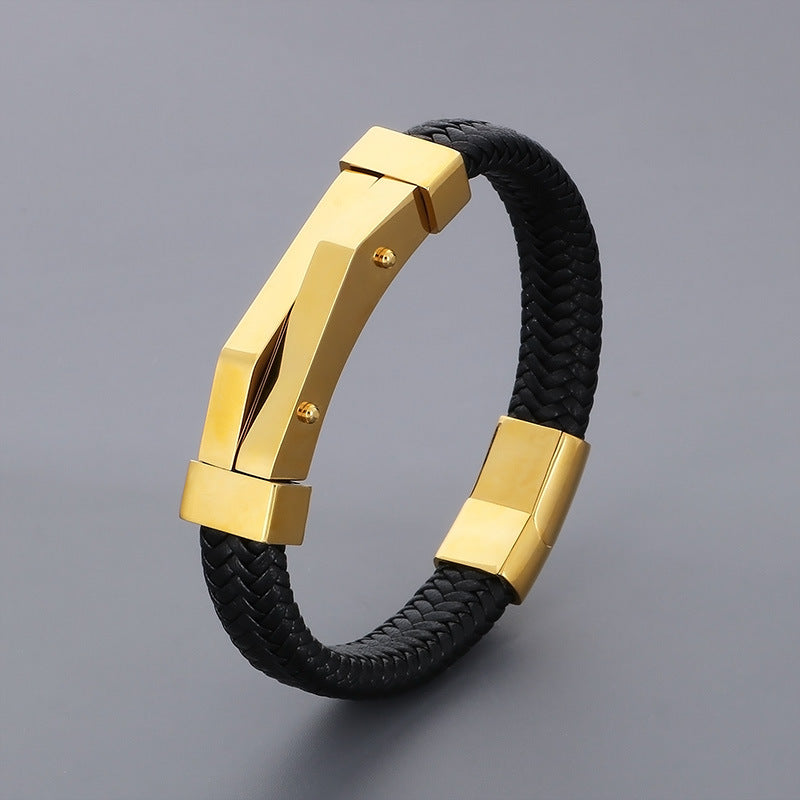 Men's Fashion Personality Stainless Steel Geometric Leather Bracelet