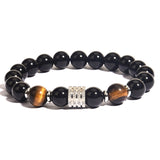 Stainless Steel Tiger Eye Obsidian Bright Black Beads Men's Bracelet