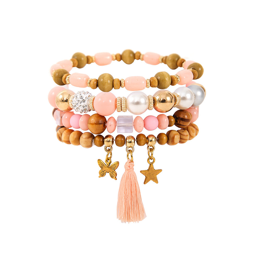 Ethnic Wooden Bead Tassel Bracelet Suit