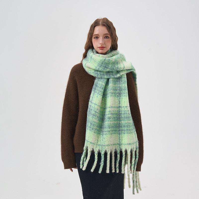 Women's White And Green Plaid Scarf - Nioor