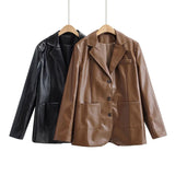 Temperament Commuting Light Cooked Wind Big Pocket Faux Leather Suit Jacket - Nioor