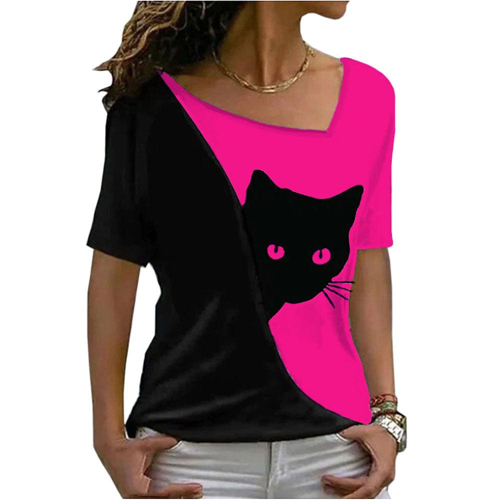 Women's Cat Printing Top Short Sleeve - Nioor