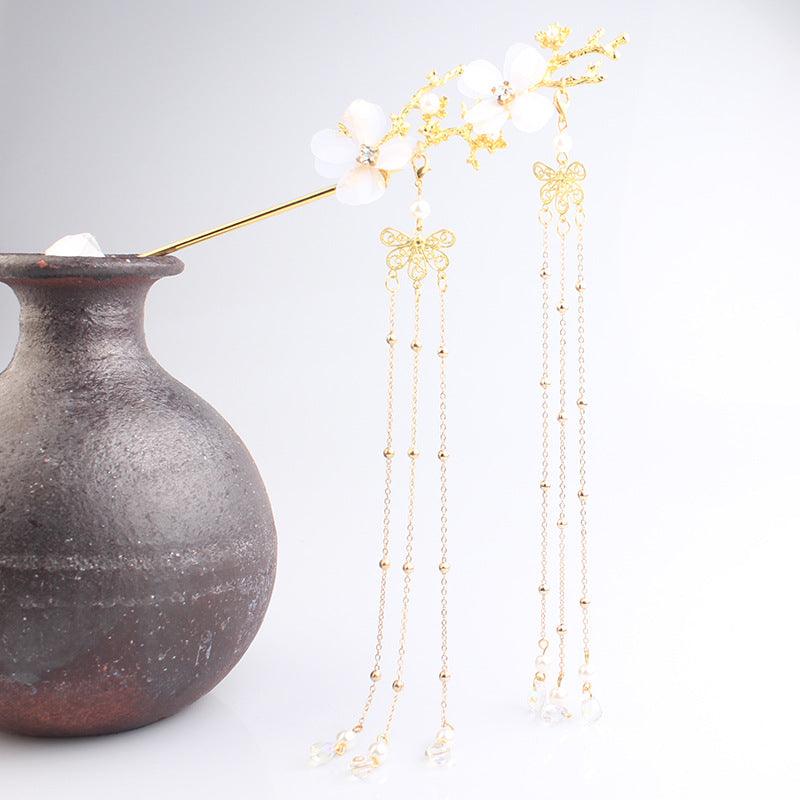 Ancient Style Hair Accessories Hanfu Plum Blossom Branch Tassel Hairpin White Flower Drill - Nioor