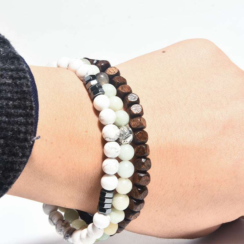 Hematite Beaded Polishing Volcanic Rock Wooden Bead Bracelet