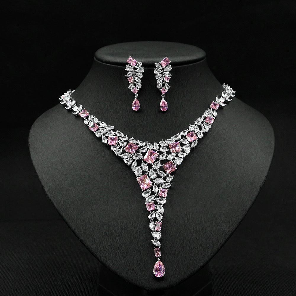 Colorful Zircon Necklace Set Wedding Dress Wedding Earring Accessories - Nioor