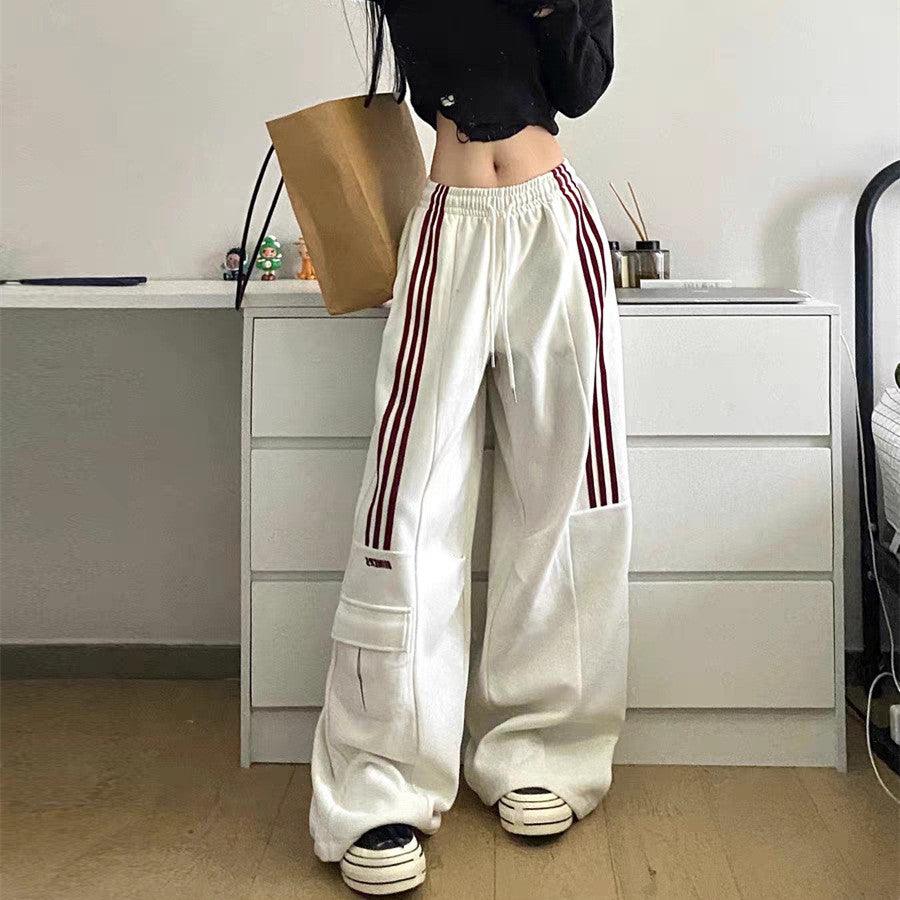 Retro Three Bars Casual Sports Pants Female Wide Leg Sweatpants - Nioor