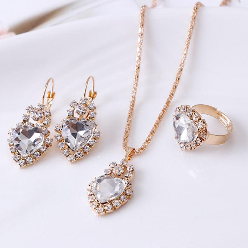 Water drop rhinestone necklace earrings ring set - Nioor