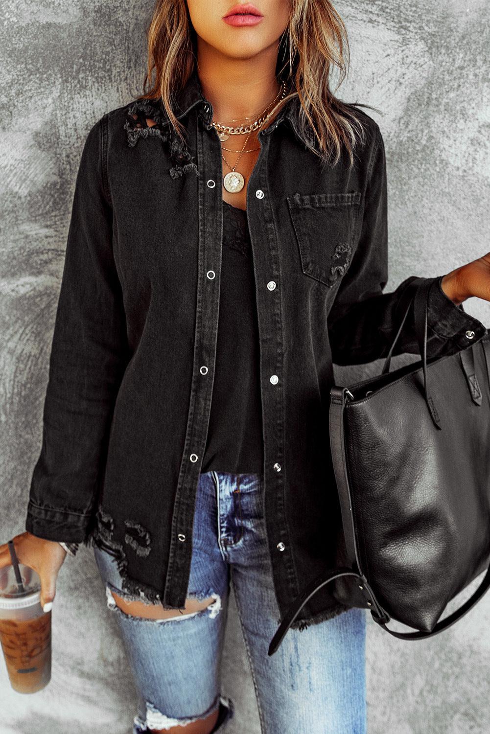 Black Ripped Shirt Denim Long Sleeve Coat Jacket Women - Nioor