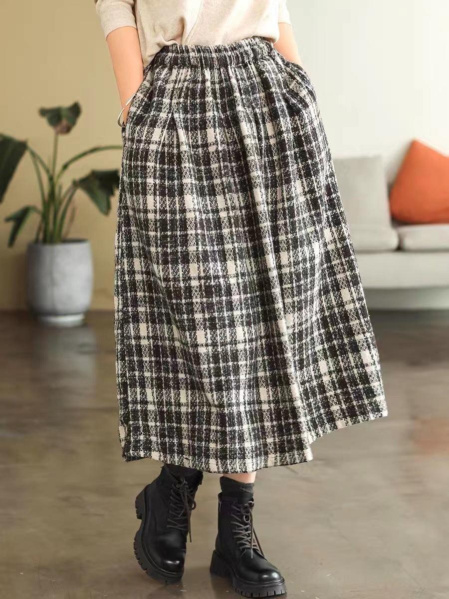 Elastic High Waist Woolen Cloth Plaid A- Line Dress - Nioor