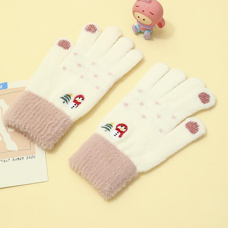 Padded And Thickened Warm Snowman Embroidered Touch Screen Gloves - Nioor