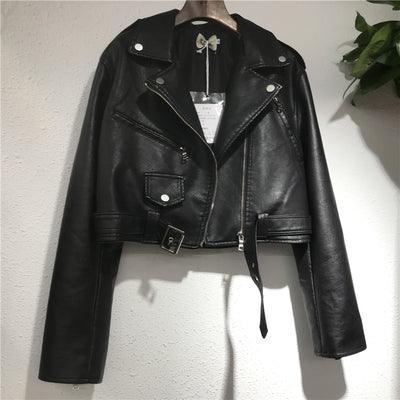 Women's Short Lace-up Motorcycle Pu Leather Jacket - Nioor