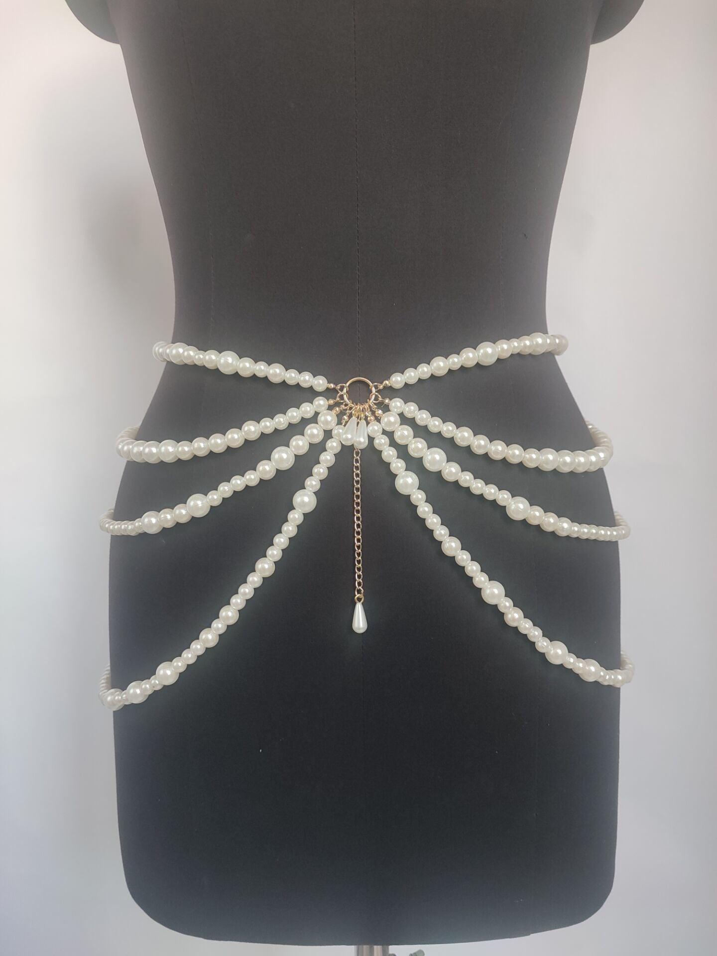 Pearl Connected Multi-layer Tassel Side Swing Waist Chain - Nioor