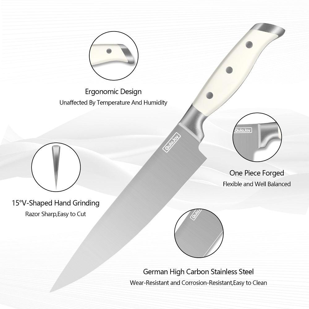 Qulajoy White Knife Set With Block - 9 Piece Razor Sharp Forged High Carbon Stainless Steel Kitchen Knives - Triple Rivet Cooking Knife Set With Kitchen Shear And Sharpener Stick - Nioor