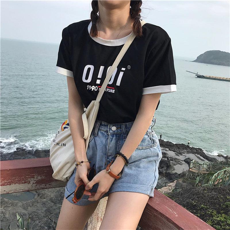 Letter Color Matching Short-sleeved T-shirt Summer Korean Style Slim-fit Student Top - Nioor