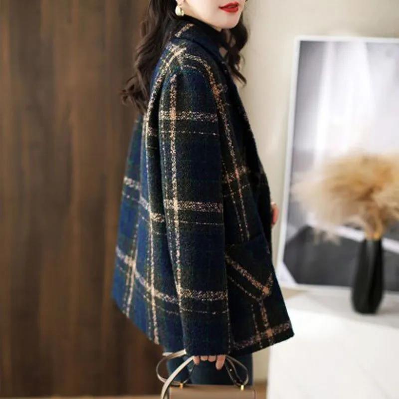Coat Fashion Slimming Retro Plaid Patchwork Wool Female Suit - Nioor