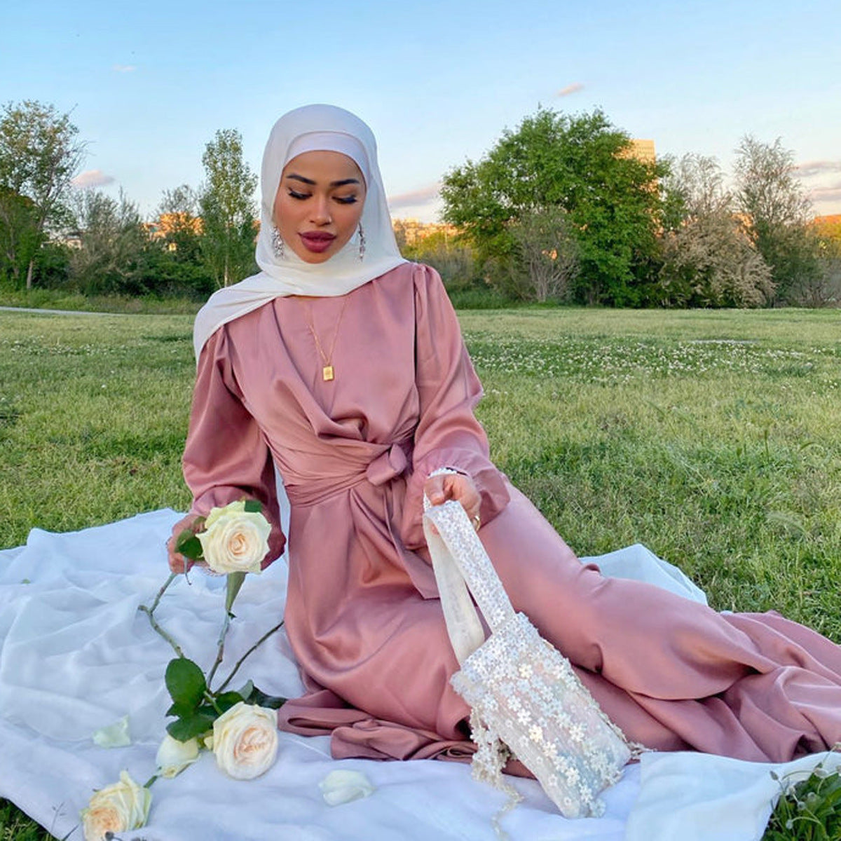 Muslim Hui Pure Color Robe And Ankle Dress