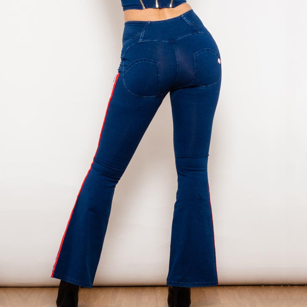 Shascullfites Melody Dark Blue Striped Flared Lift Jeggings Button Up Jeans Bum Lift Jeans High Waist Flare Jeans Women - Nioor