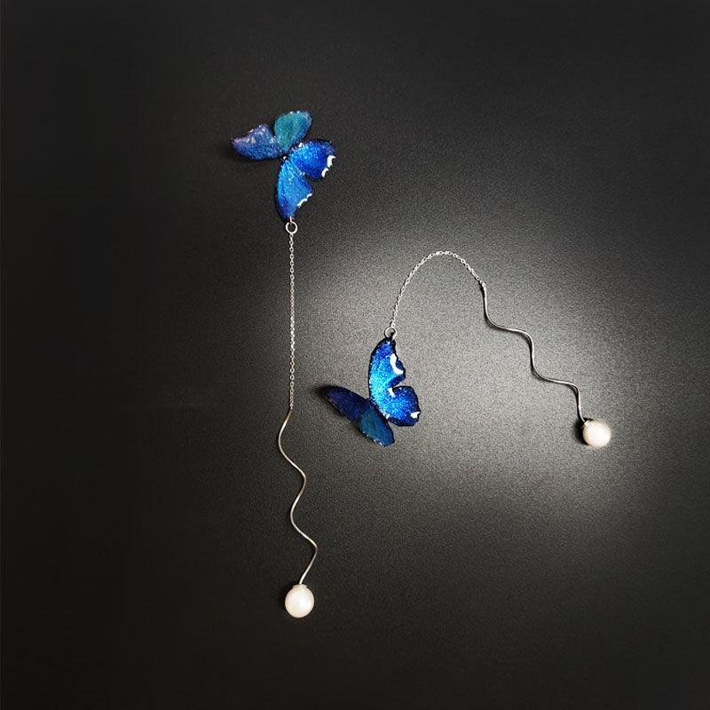 Blue Butterfly Ear Thread S925 Sterling Silver Long Pearl - Nioor