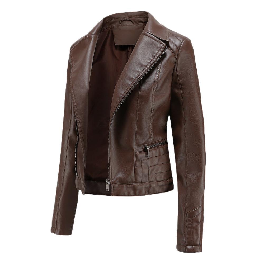 Womens Fashion Lapel Spring And Autumn Washed PU Leather Jacket - Nioor